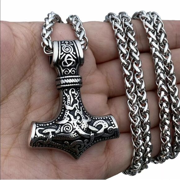 Viking Norse mjolnir Thor’s hammer necklace NEW NIP NWT weave chain stainless - Picture 12 of 16